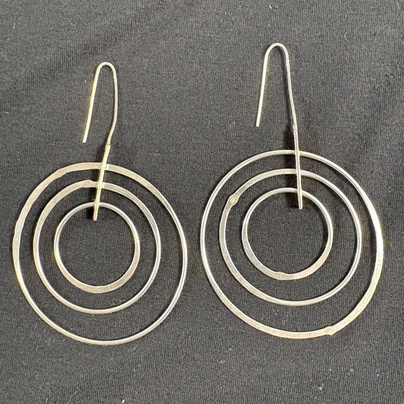 Beautiful Antique Modernist Sterling Silver 3 Spinning Hoops Long Earrings - Picture 1 of 7